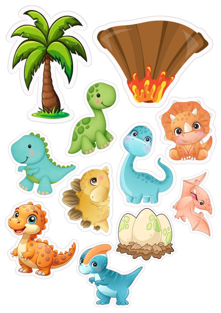 Pastel baby dinosaur edible cake topper designs with a volcano, palm tree and dinosaur egg.