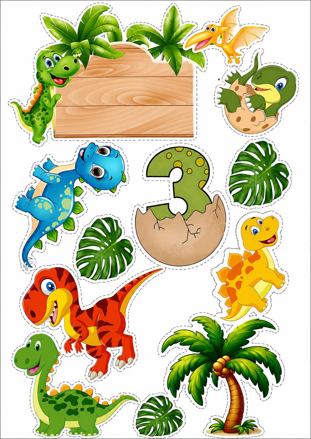 Dinosaur edible cake topper designs with number 3, tropical leaves, palm trees and blank wooden plaque.