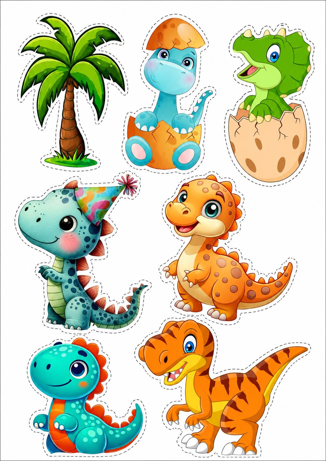 Colourful baby dinosaur edible cake topper designs with party hats, palm tree and hatching eggs.