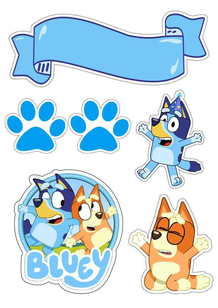 Bluey and Bingo edible topper designs with a round Bluey logo, two blue paw prints and a blank scroll banner.