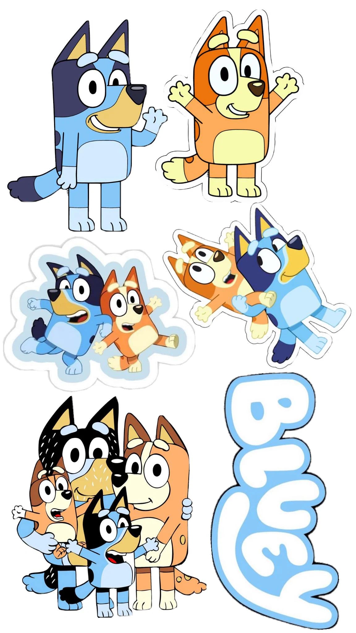 Bluey edible cake topper sheet featuring Bluey and Bingo standing, hugging and playing, a family group and a vertical...