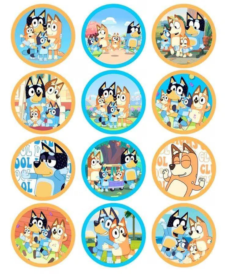 Twelve round Bluey edible cupcake topper designs featuring family and friends, arranged in rows with blue and orange borders.
