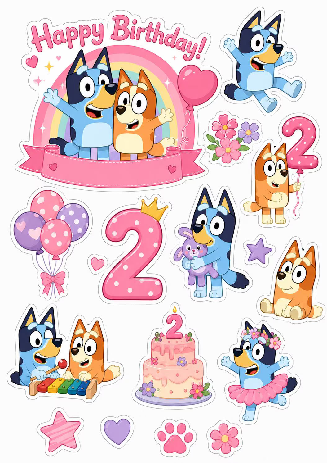 Pink Bluey second birthday edible topper designs with number 2 decorations, a rainbow, balloons, flowers and birthday cake.