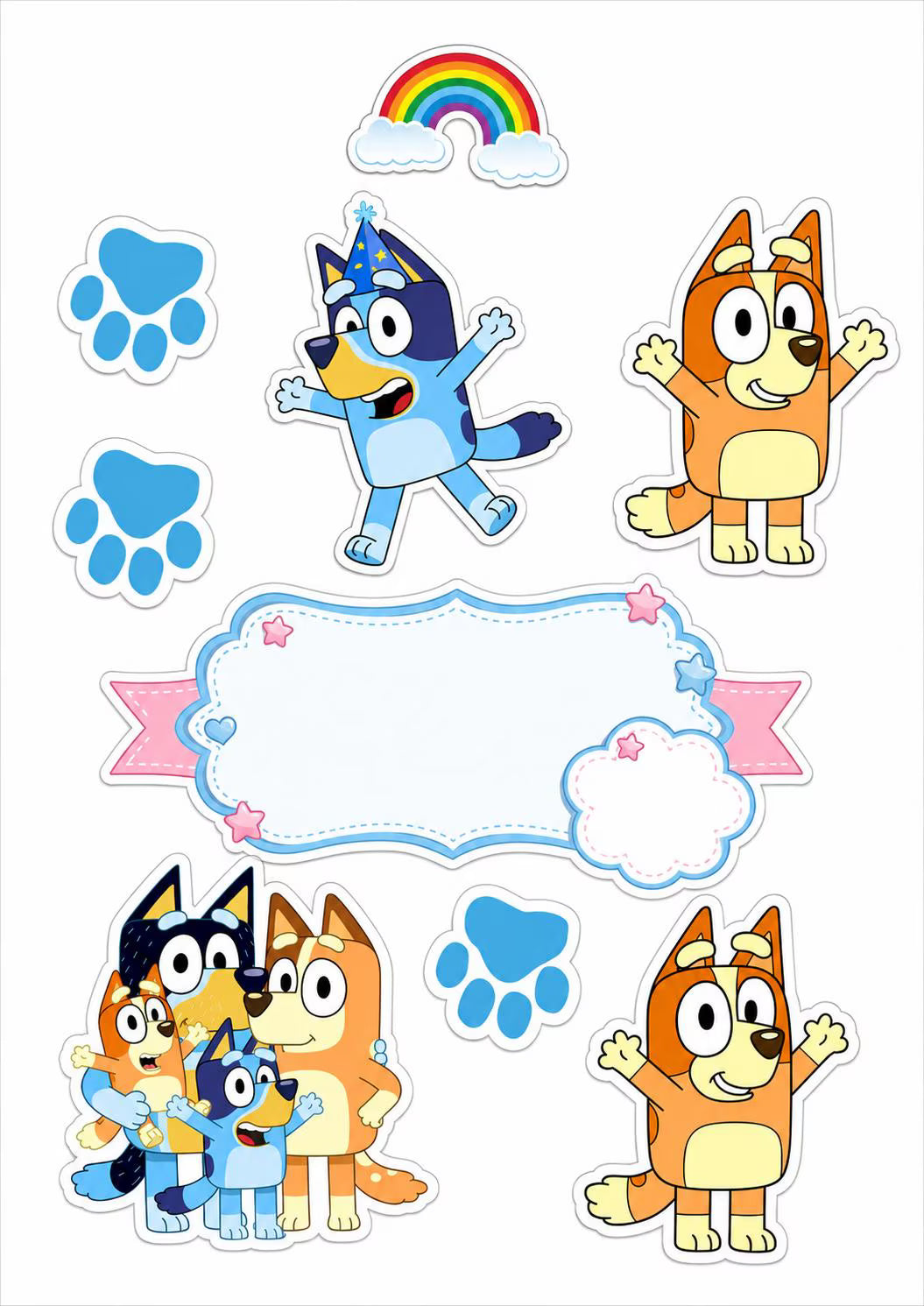 Bluey family edible topper designs with blue paw prints, a small rainbow and a blank pale blue plaque with pink ribbon ends.