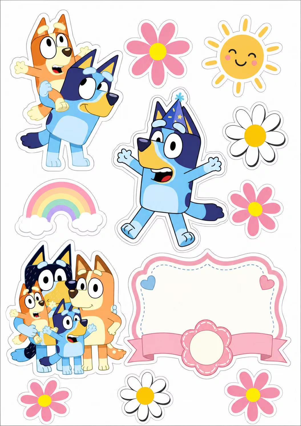 Bluey edible topper designs featuring Bingo riding on Bluey, a family group, pink flowers, daisies, sunshine and a blank...