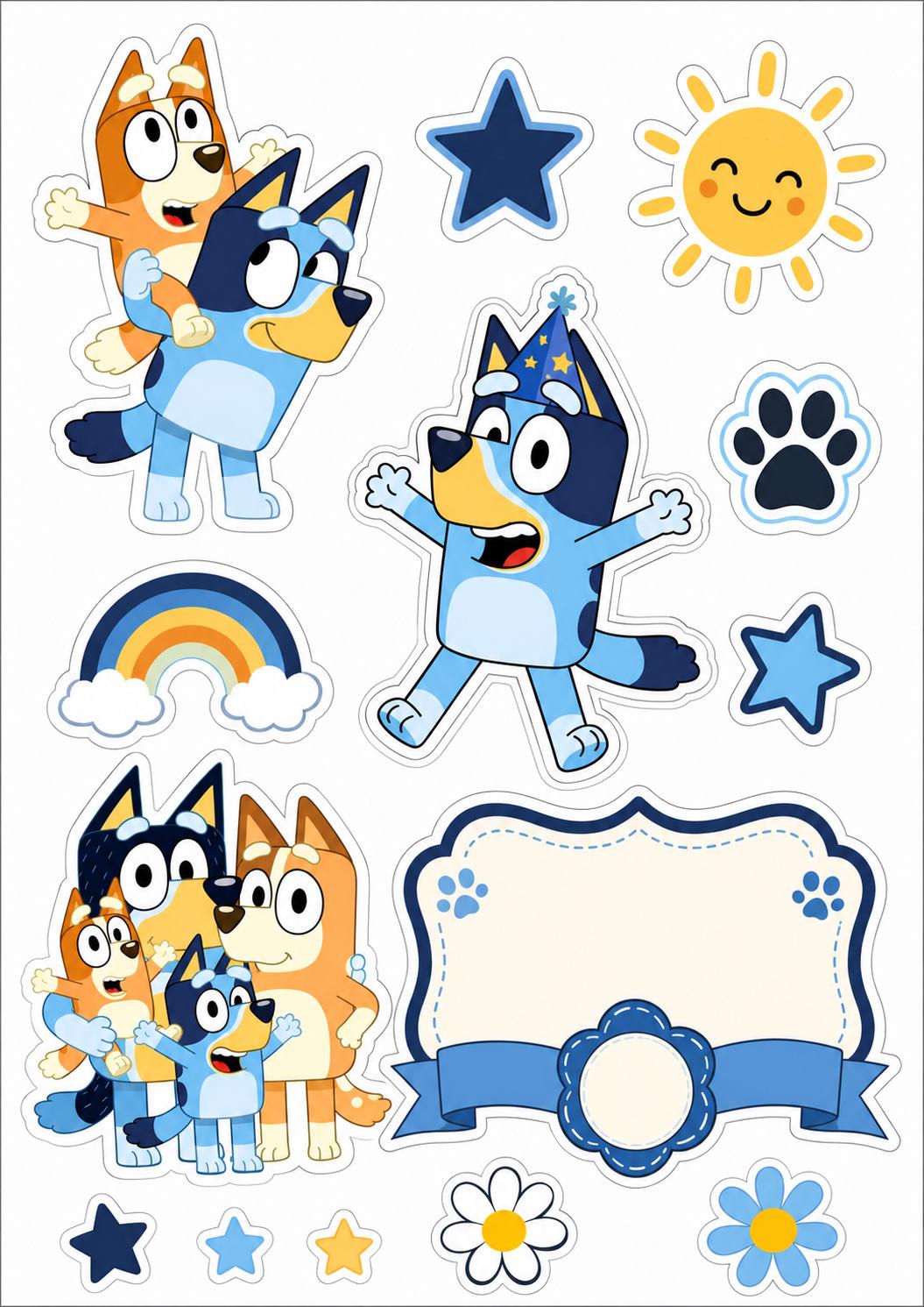 Bluey edible topper designs with Bingo riding on Bluey, a family group, navy stars, sunshine, paw prints and a blank blue...