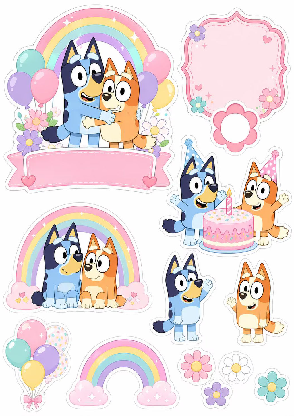 Pink Bluey and Bingo edible topper sheet with pastel rainbows, balloons, flowers, a birthday cake and blank decorative...
