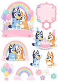 Pink Bluey and Bingo edible topper sheet with pastel rainbows, balloons, flowers, a birthday cake and blank decorative...