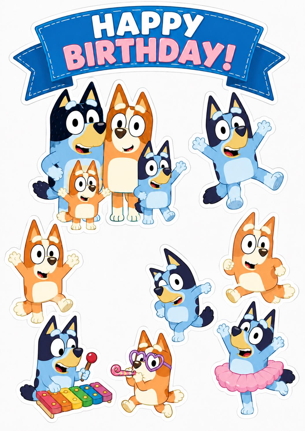 Bluey edible topper sheet with a blue Happy Birthday banner, the Heeler family, Bingo, a xylophone and Bluey in a pink tutu.