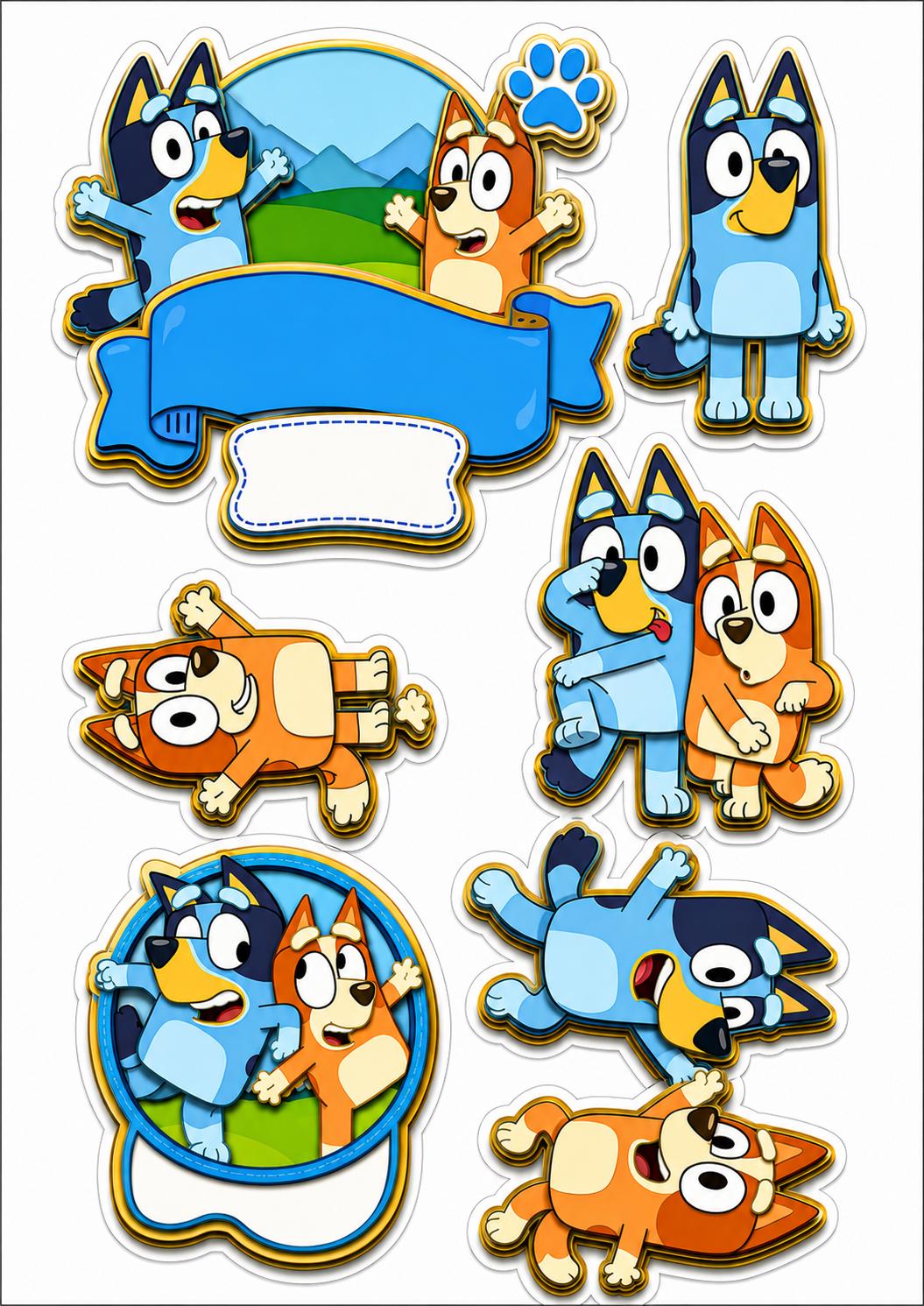 Gold-outlined Bluey and Bingo edible topper designs with blue banners, blank labels, a round character design and playful...