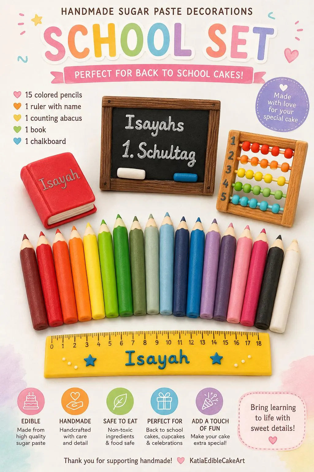 Handmade edible school-themed fondant cake decoration, image 1.
