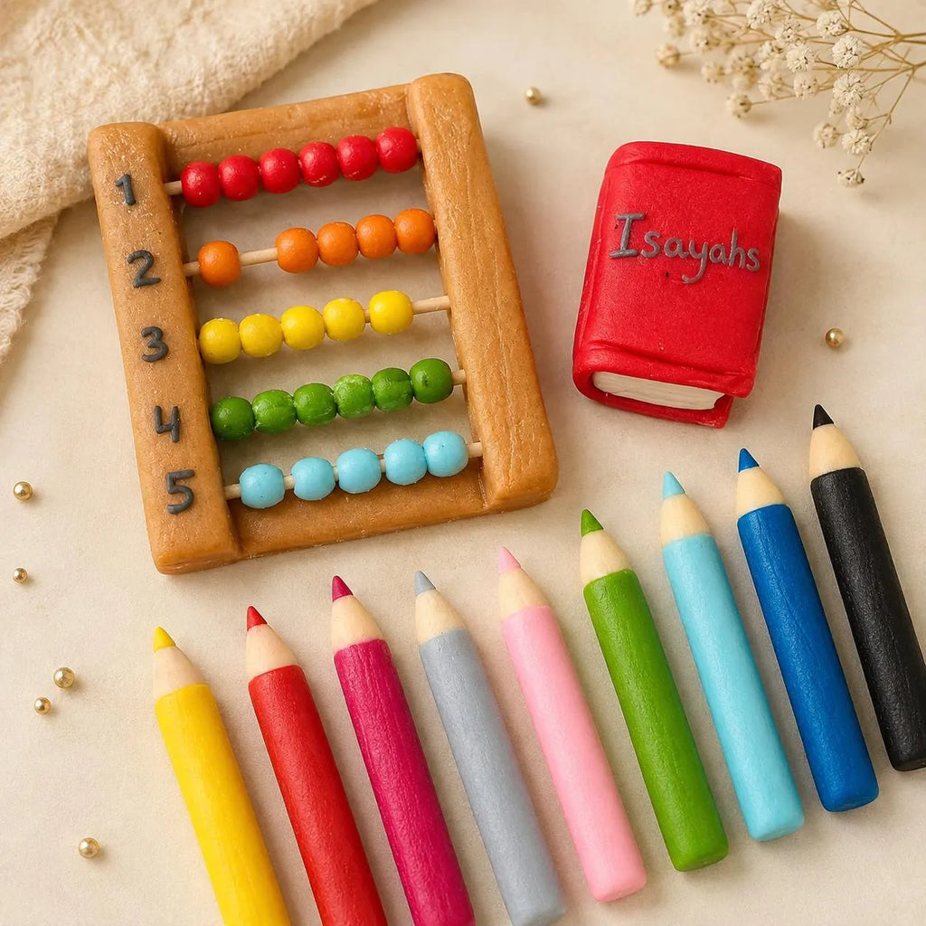 Handmade edible school-themed fondant cake decoration, image 7.