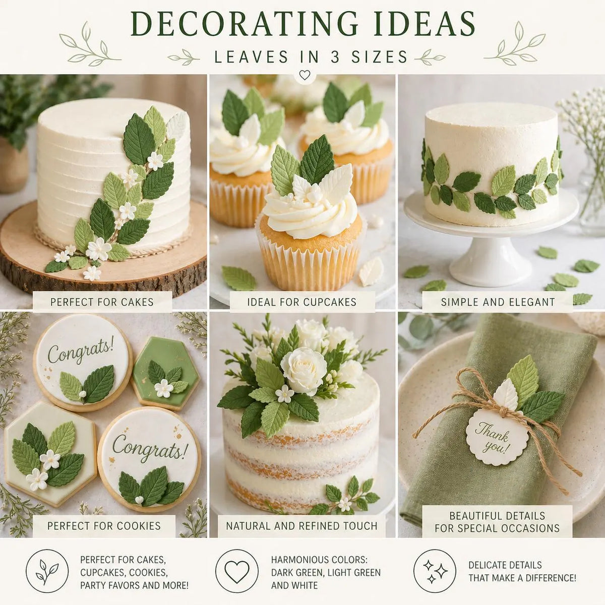 Cake decorating examples using handmade edible sugar leaves in three sizes.