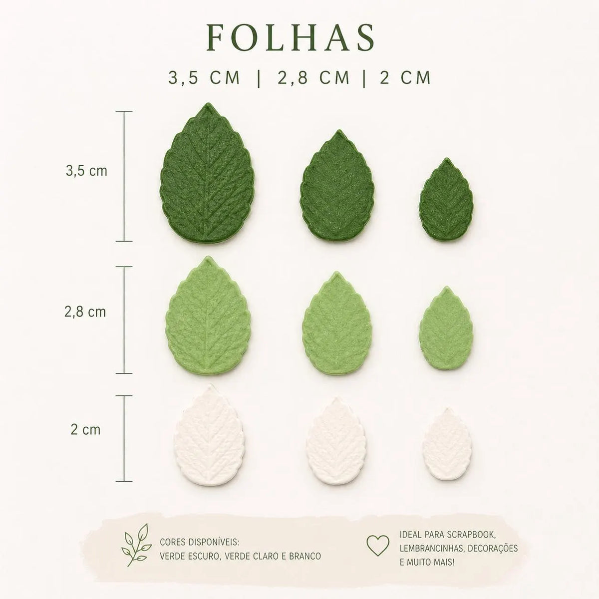 Handmade sugar leaves in green, light green and white, shown in 2 cm, 2.8 cm and 3.5 cm sizes.