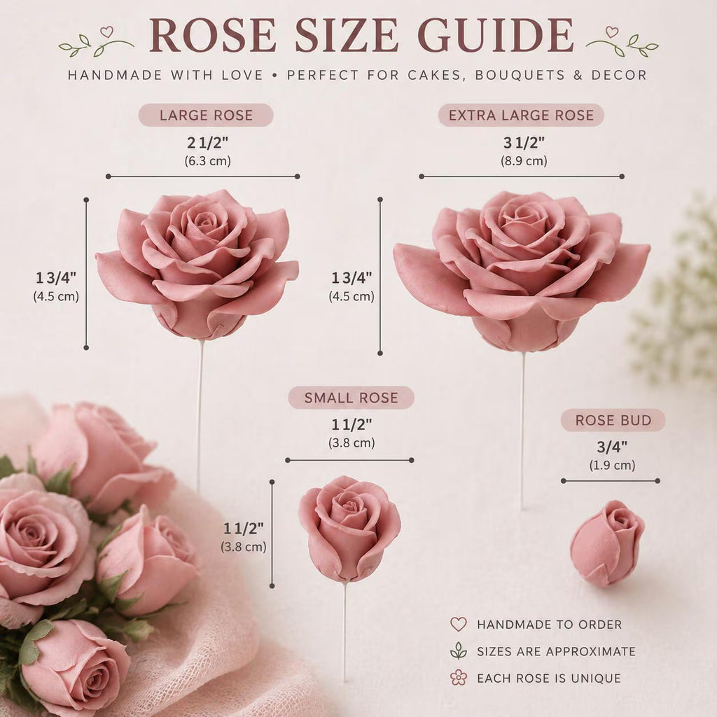 Size guide for handmade edible sugar roses and rosebuds.