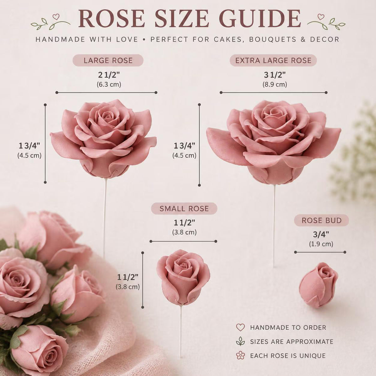 Size guide for handmade edible sugar roses and rosebuds.