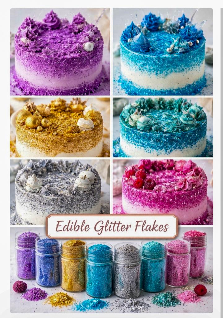 Edible wafer paper glitter flakes in assorted colours, with examples of decorated cakes.