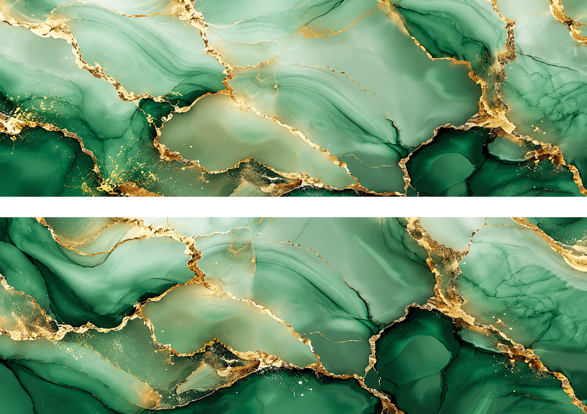 Design 1 two emerald green marble with gold veins cake wrap strips on A4 landscape sheet with central white gap