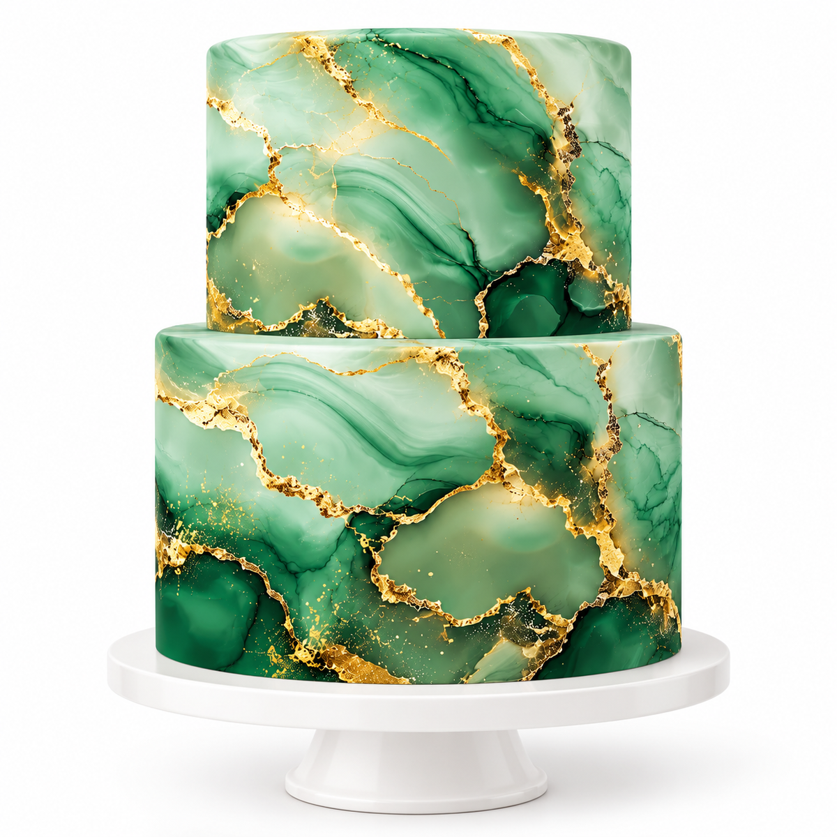 Two-tier celebration cake decorated with emerald marble green gold-effect edible wraps on a white pedestal