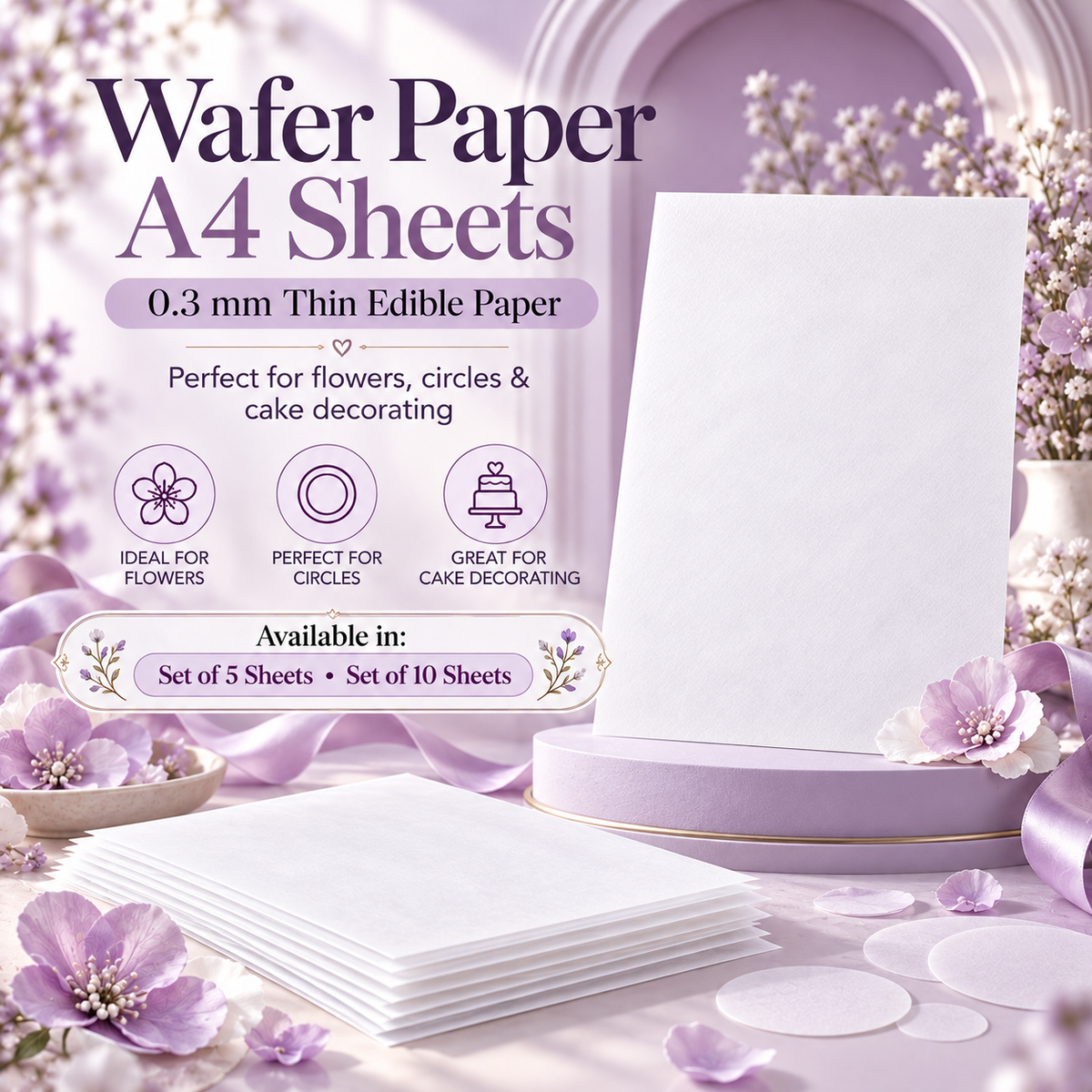 A4 wafer paper 0.3mm edible cake decorating sheets, available in packs of 5 or 10