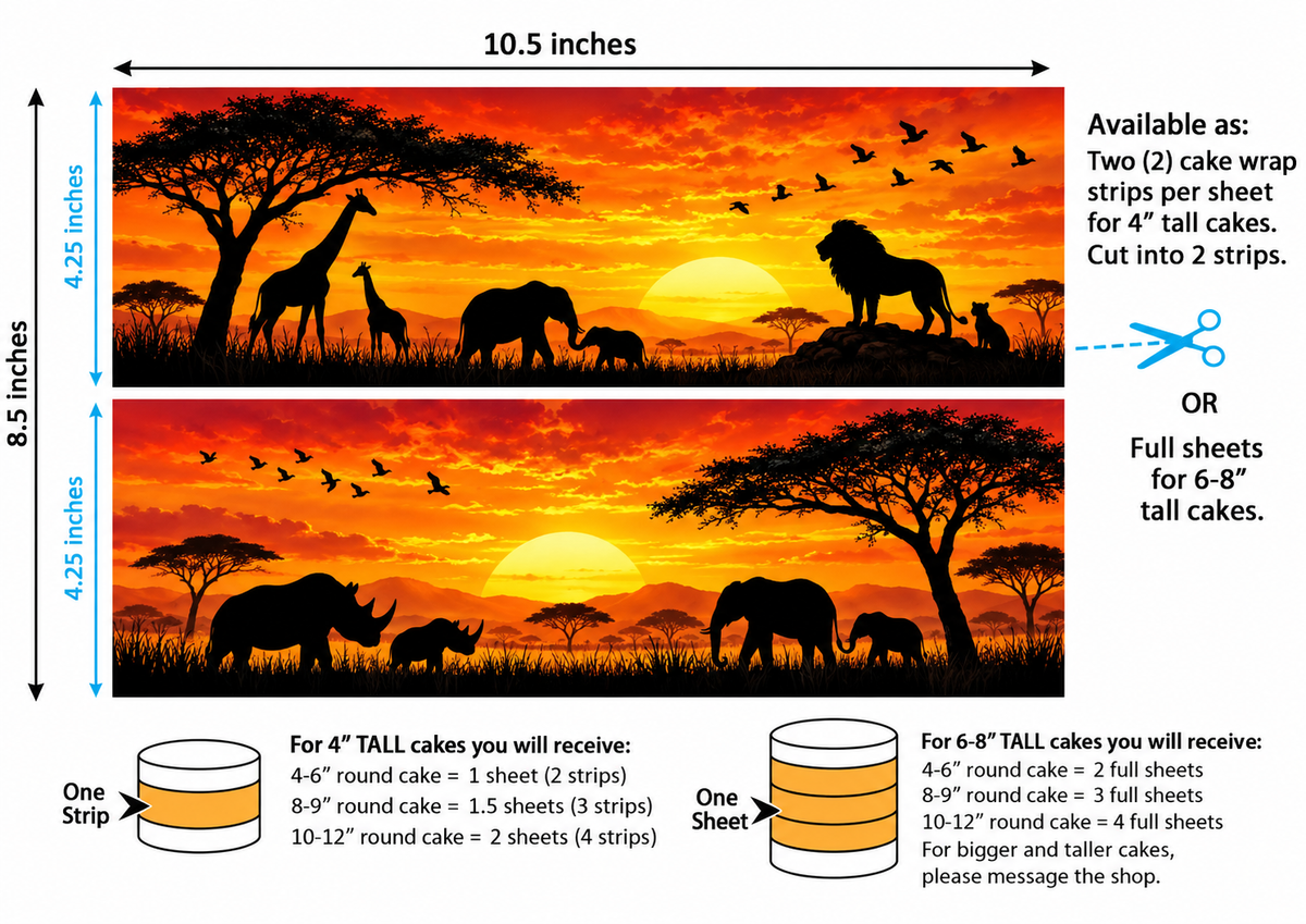 Safari Sunset Edible Cake Wrap – African Savannah Silhouette A4 Cake Border