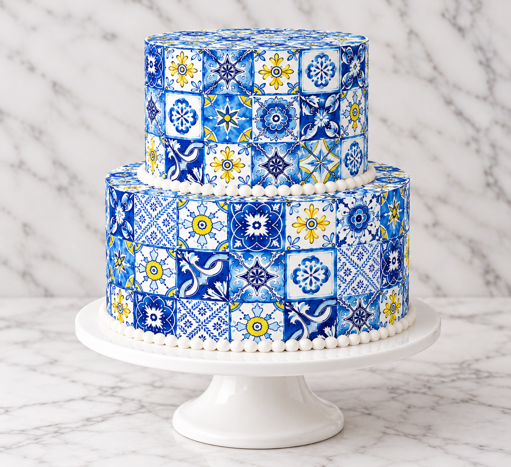 Two-tier cake decorated with a blue and yellow Mediterranean tile edible cake wrap
