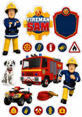 Edible firefighter cake topper design with cartoon firefighters, fire engine and rescue badges.