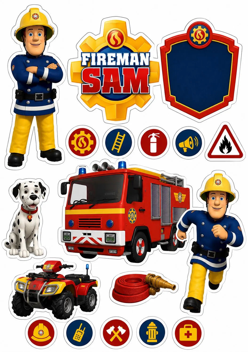 Edible firefighter cake topper design with cartoon firefighters, fire engine and rescue badges.
