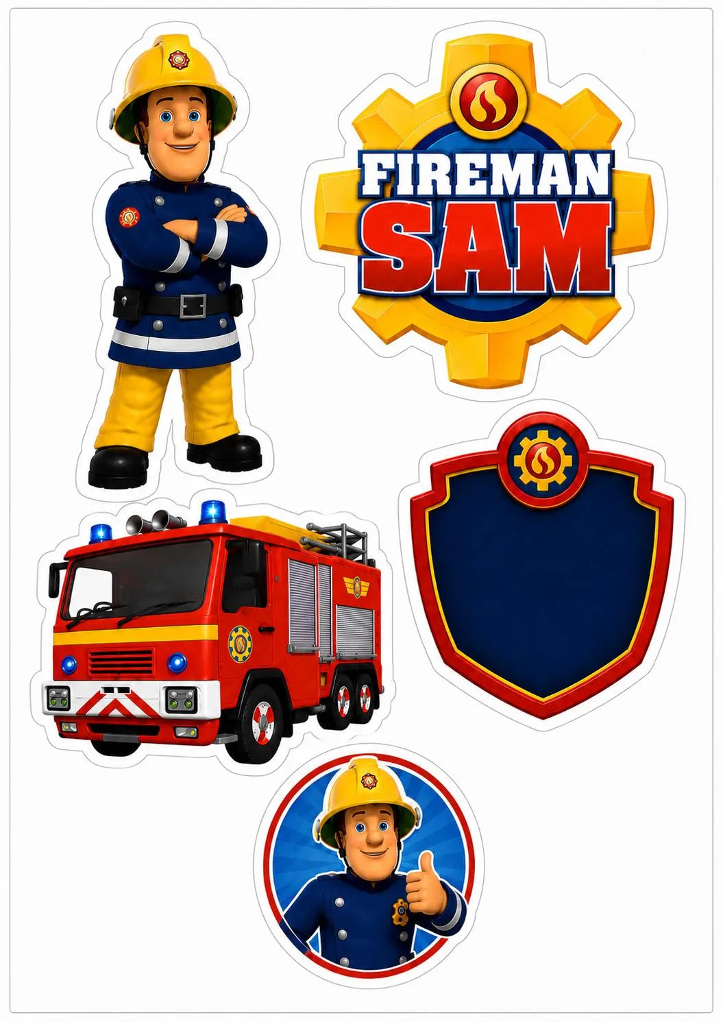 Edible firefighter cake topper design with fire engine, firefighter and blank shield panel.