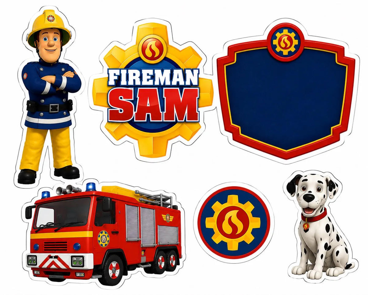 Edible firefighter cake topper design with fire engine, rescue badge and Dalmatian.