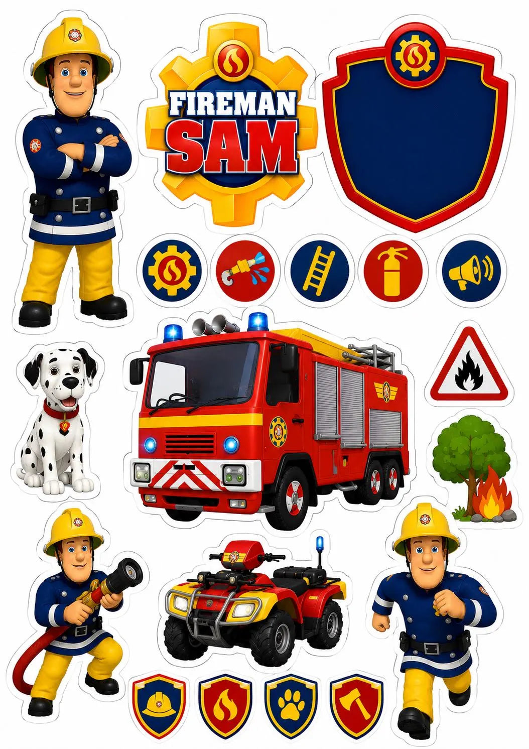 Edible rescue cake topper design with firefighters, fire engine and fire station symbols.