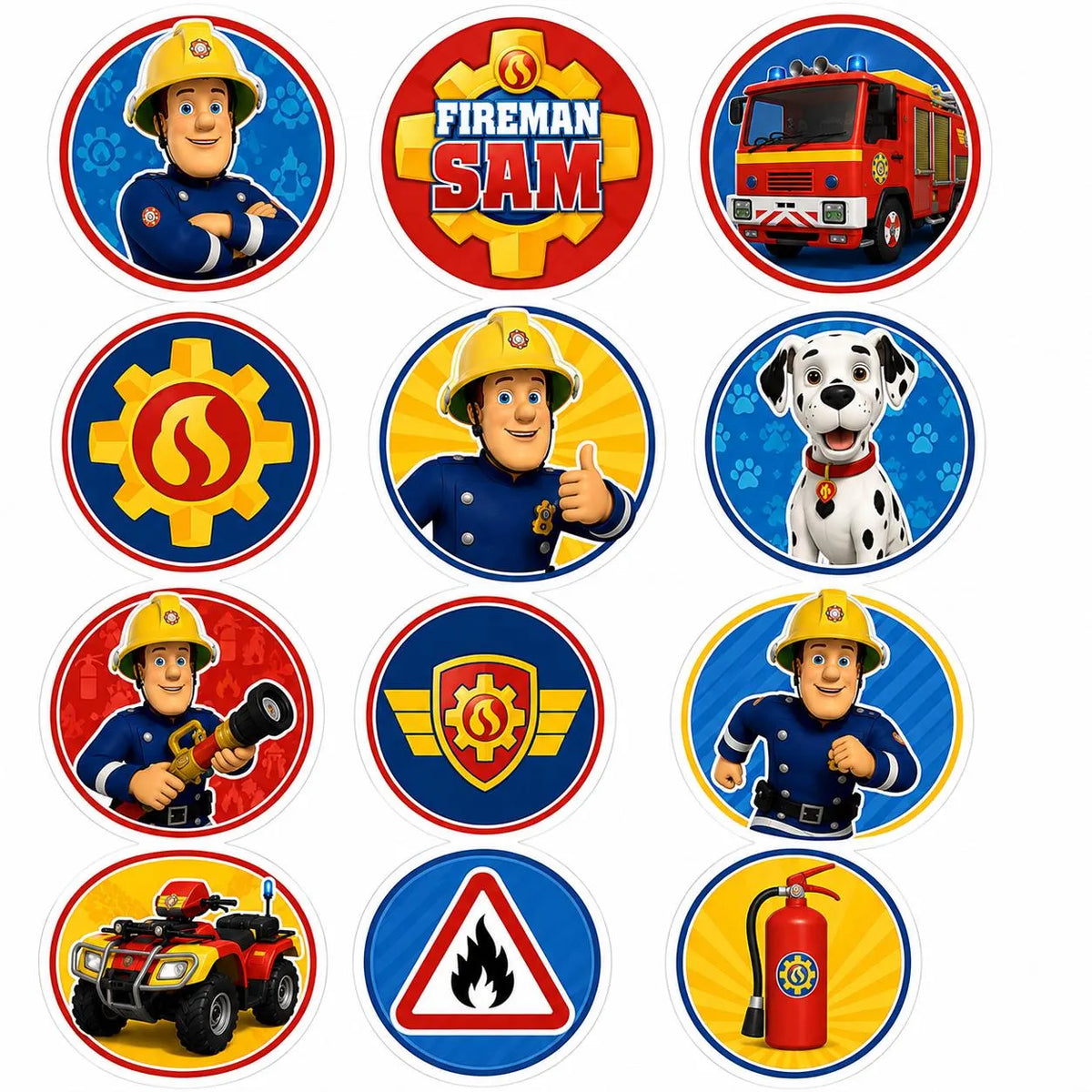Round edible firefighter cupcake topper designs with characters, fire engine and rescue symbols.