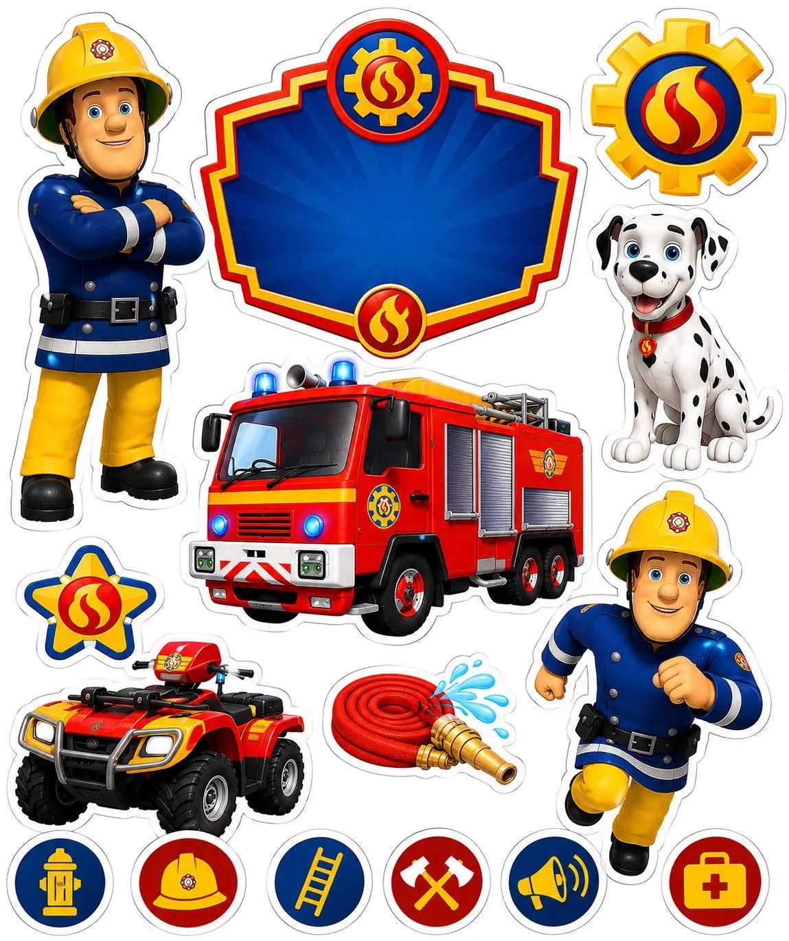 Edible firefighter cake topper design with rescue vehicles, cartoon firefighters and fire symbols.