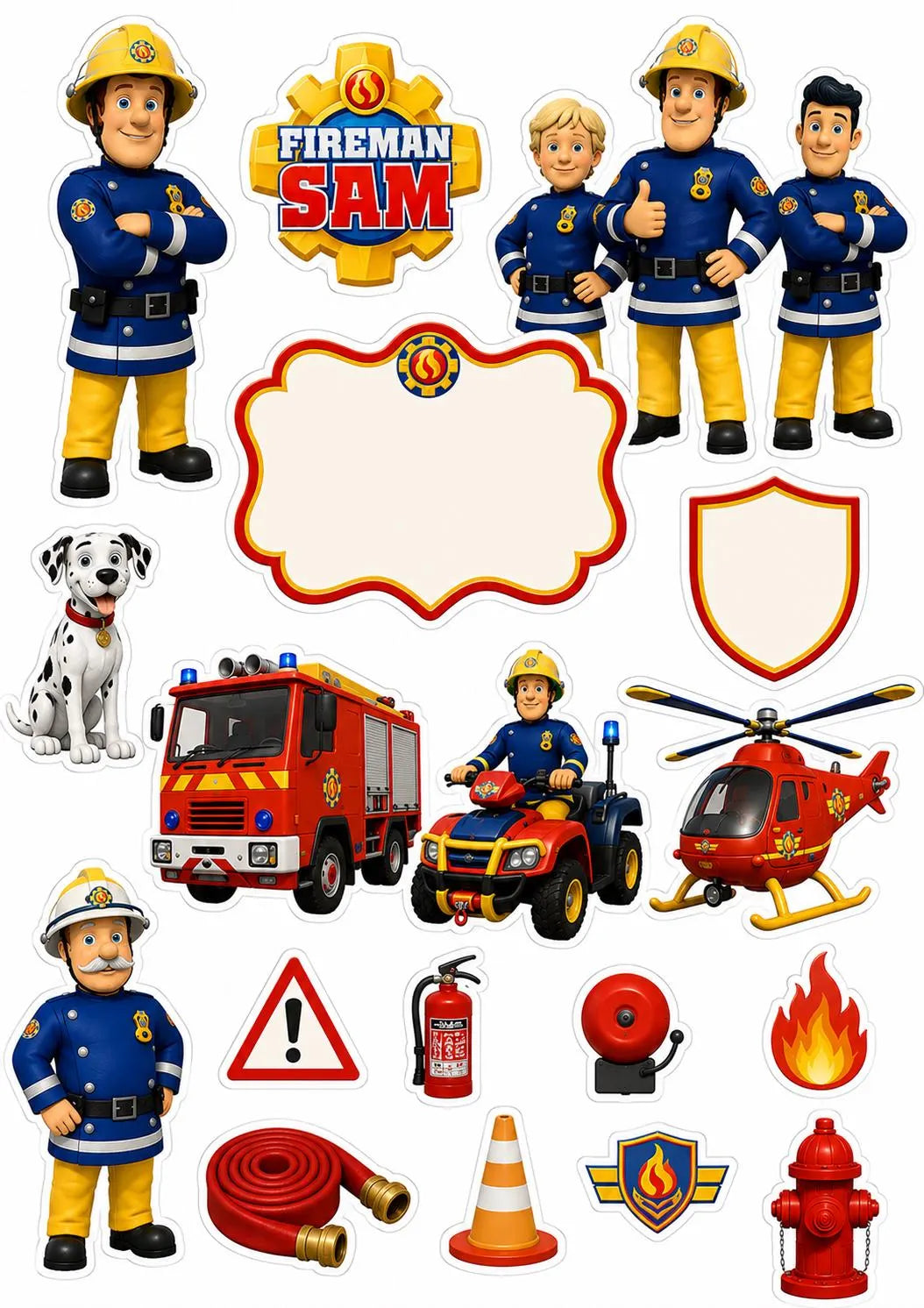 Edible rescue cake topper design with firefighter characters, vehicles and blank message panels.