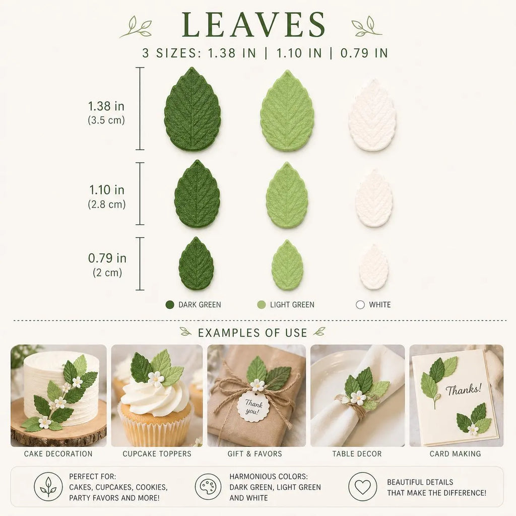 Size guide for edible sugar leaves with green, light green and white colour options.