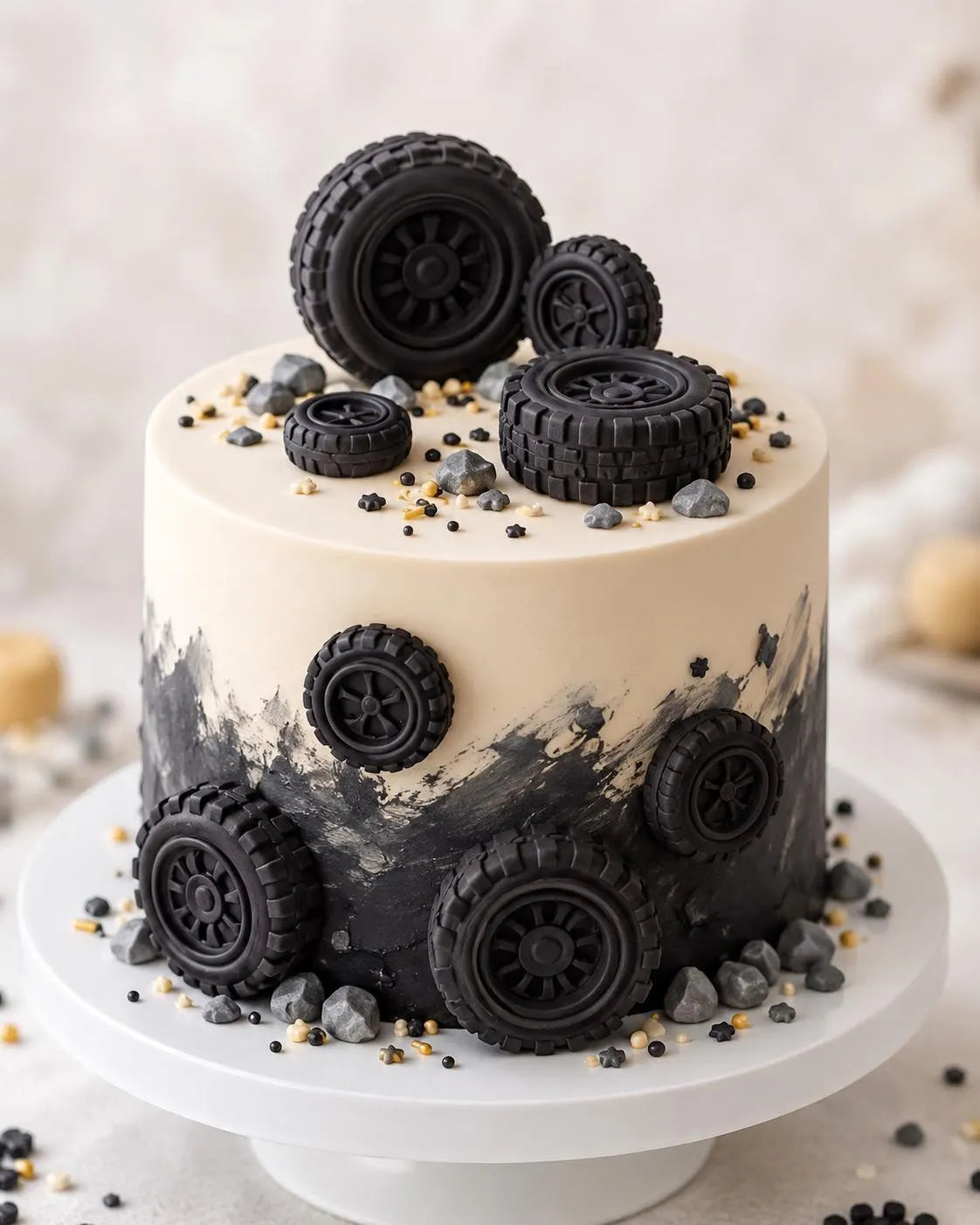 Handmade edible fondant tire cake toppers for vehicle-themed cakes, image 1.