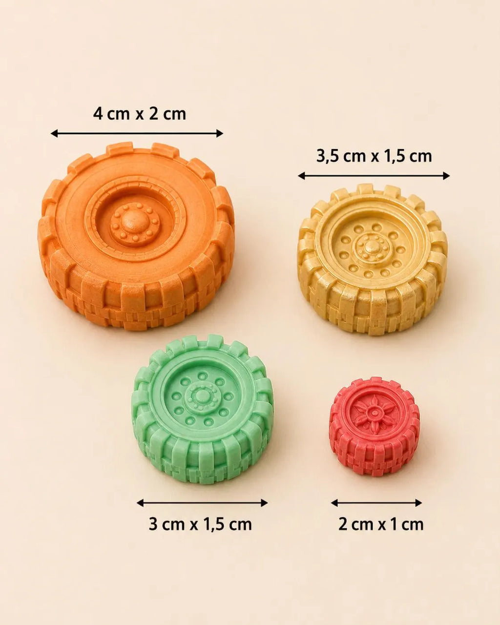 Handmade edible fondant tire cake toppers for vehicle-themed cakes, image 2.