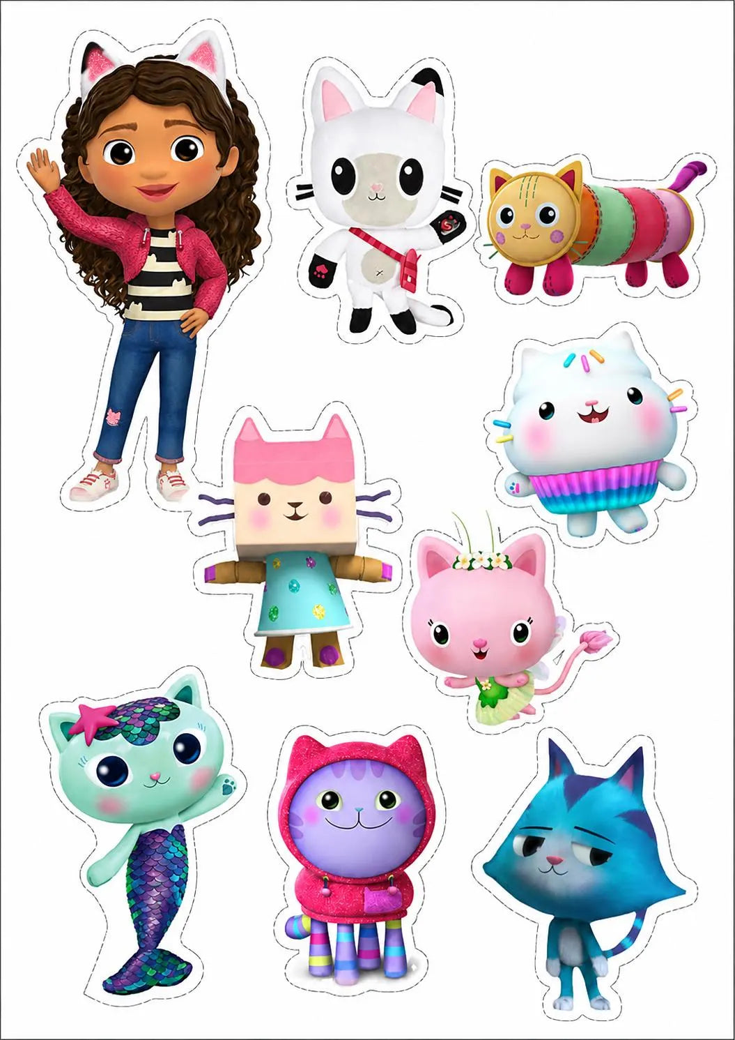 Gabby cat-themed edible cake topper design 1 in wafer paper or icing sheet for birthday cakes and cupcakes.