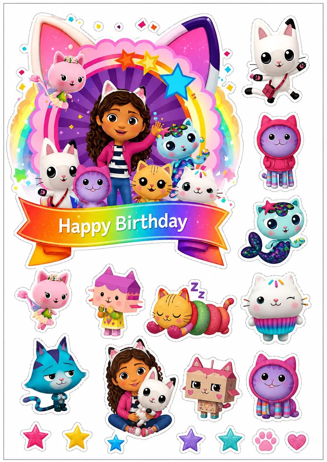 Gabby cat-themed edible cake topper design 8 in wafer paper or icing sheet for birthday cakes and cupcakes.