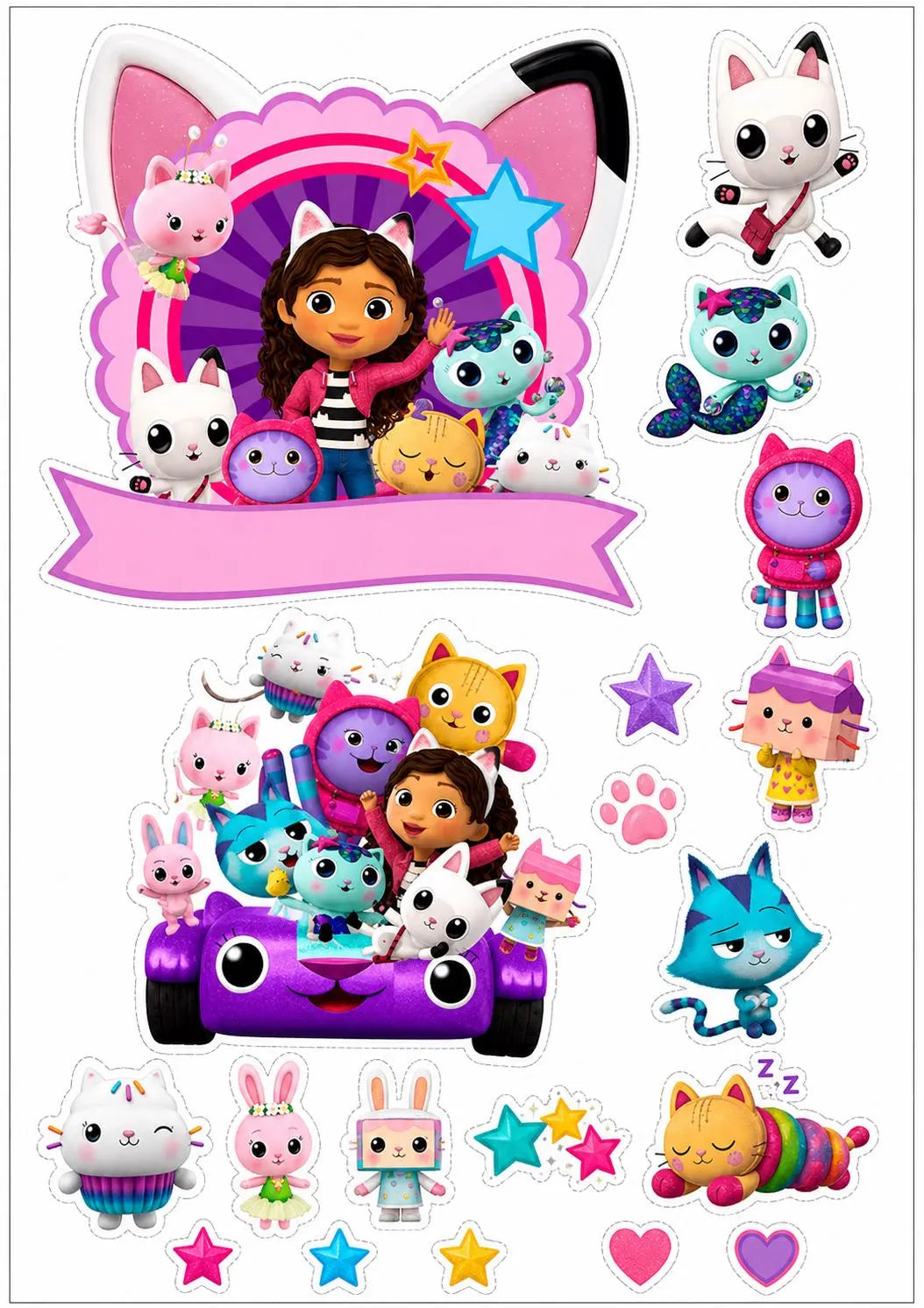 Gabby cat-themed edible cake topper design 9 in wafer paper or icing sheet for birthday cakes and cupcakes.