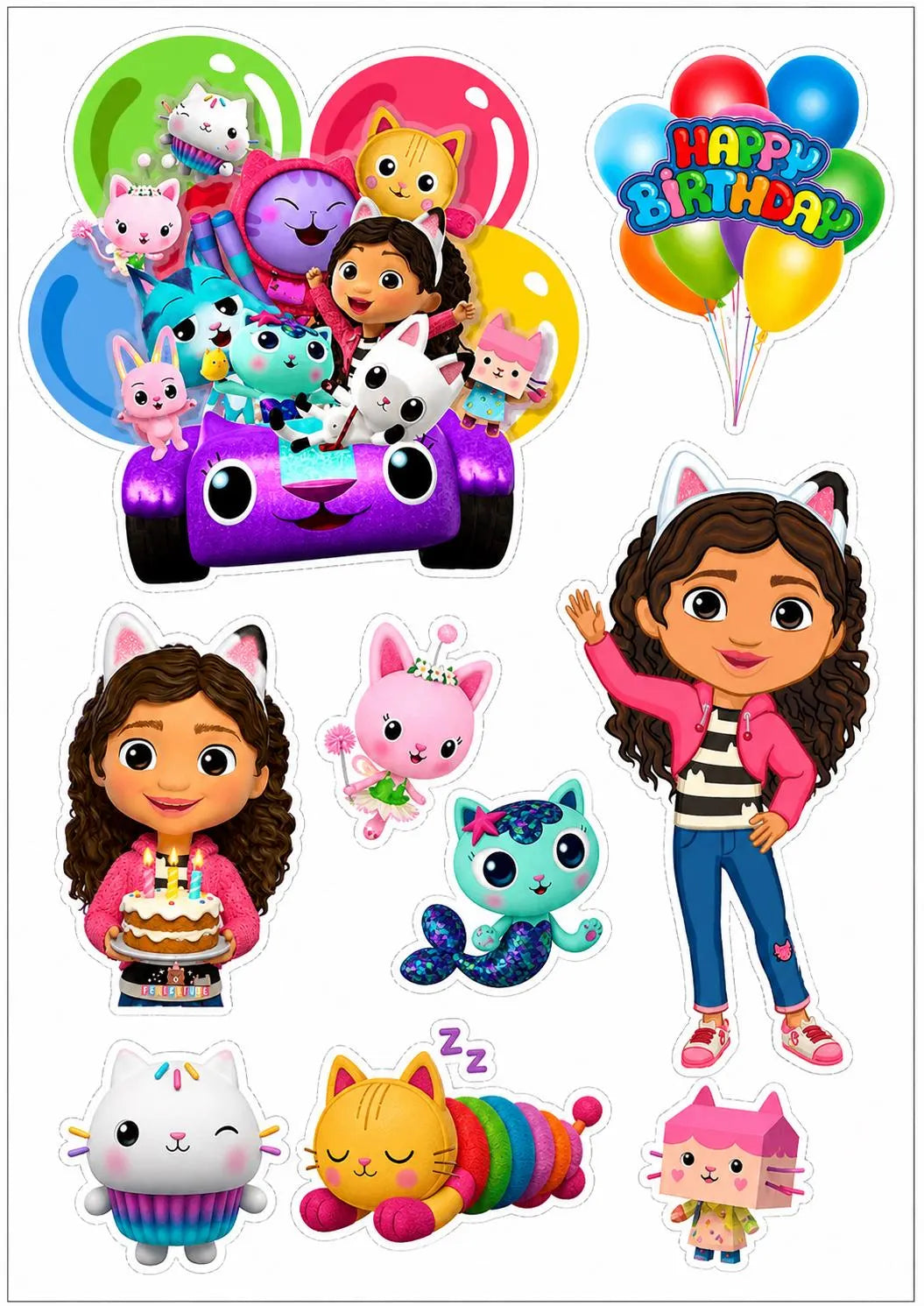 Gabby cat-themed edible cake topper design 10 in wafer paper or icing sheet for birthday cakes and cupcakes.