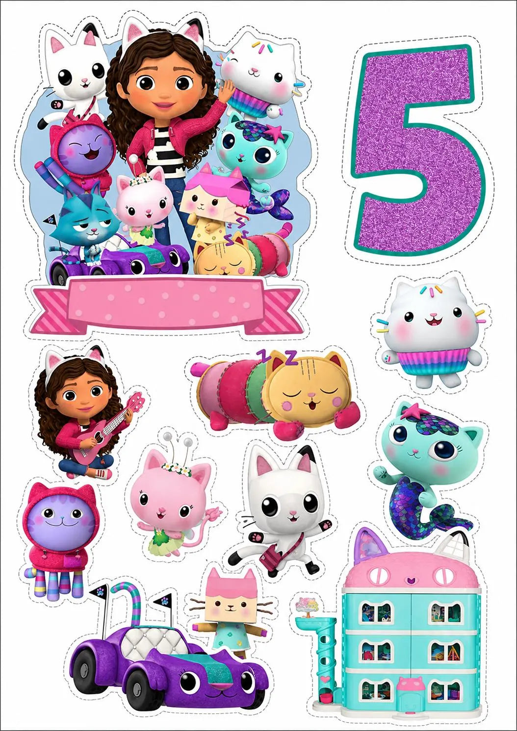 Gabby cat-themed edible cake topper design 13 in wafer paper or icing sheet for birthday cakes and cupcakes.