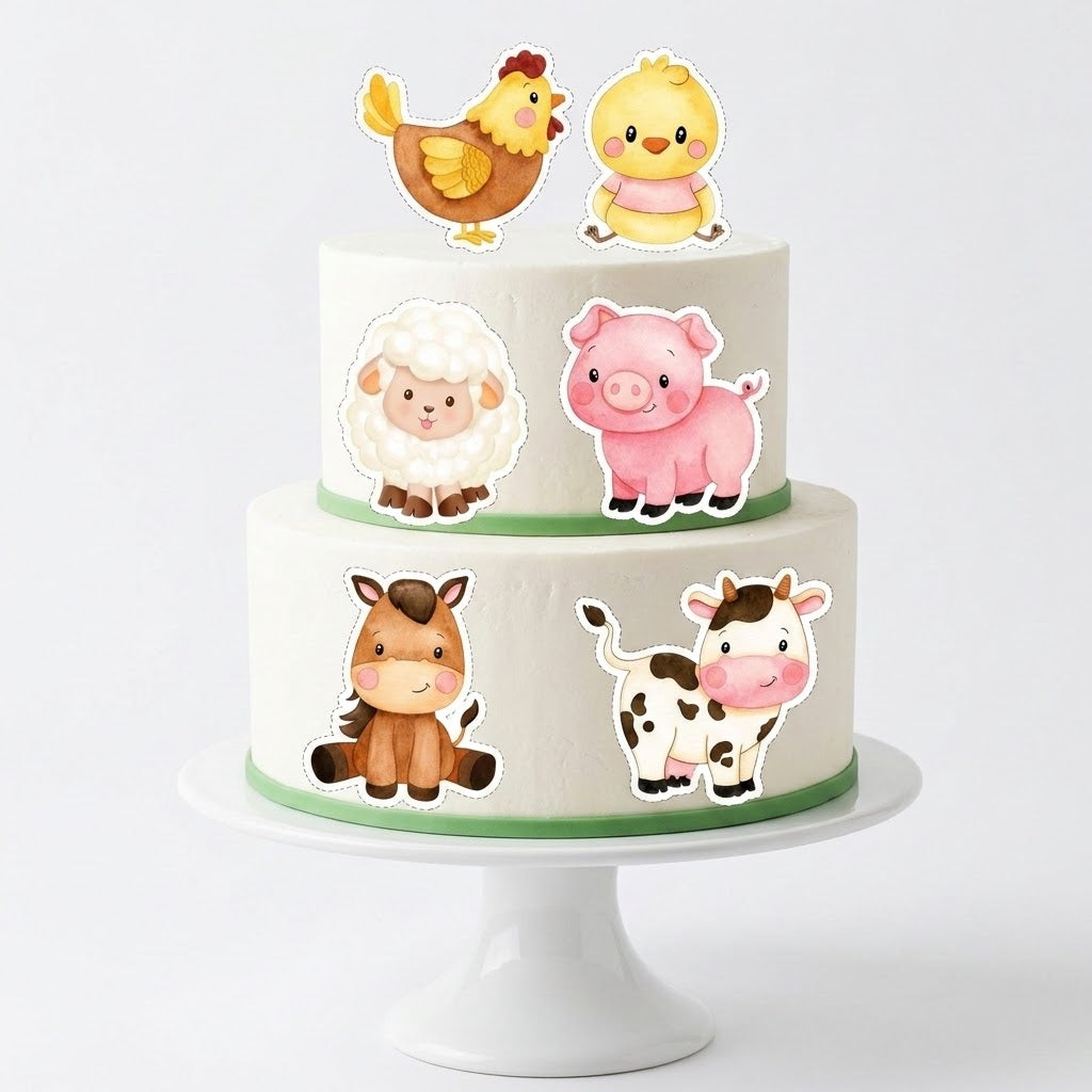 Farm animal themed edible cake toppers for barnyard birthday cakes