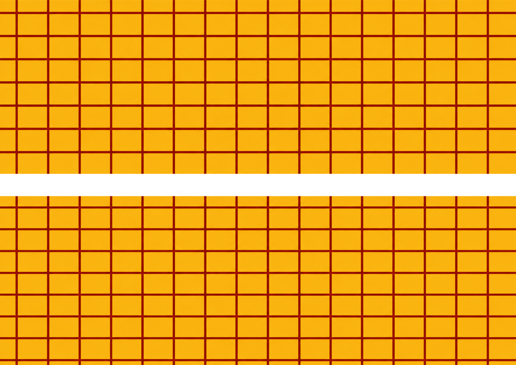 Design 1 two mustard yellow cake wrap strips with red grid and one centimetre white central gap on A4