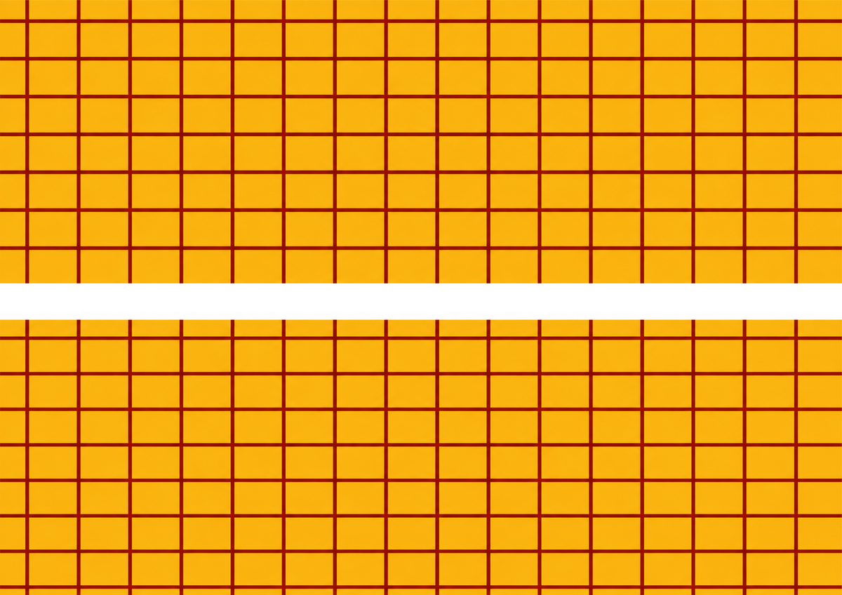 Design 1 two mustard yellow cake wrap strips with red grid and one centimetre white central gap on A4