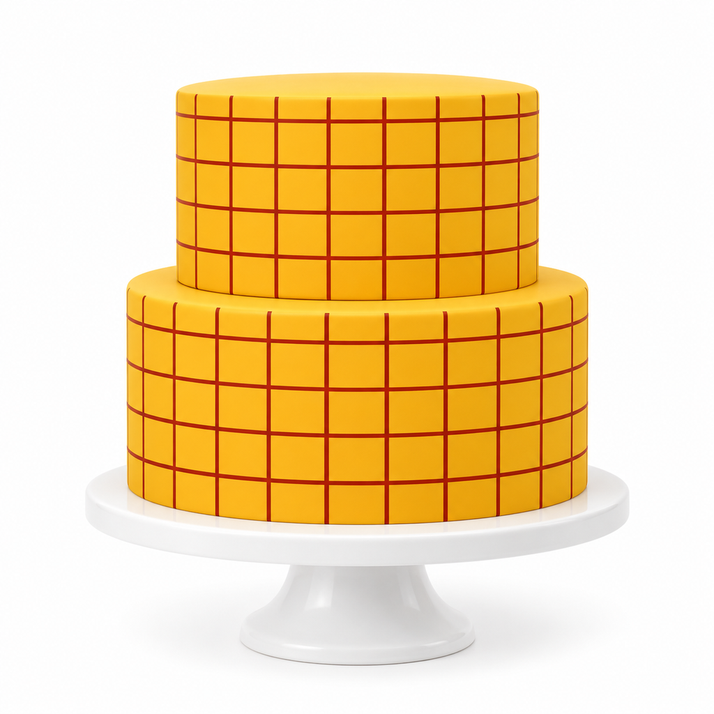 Two-tier cake with retro golden yellow and burgundy geometric edible cake wrap on white pedestal