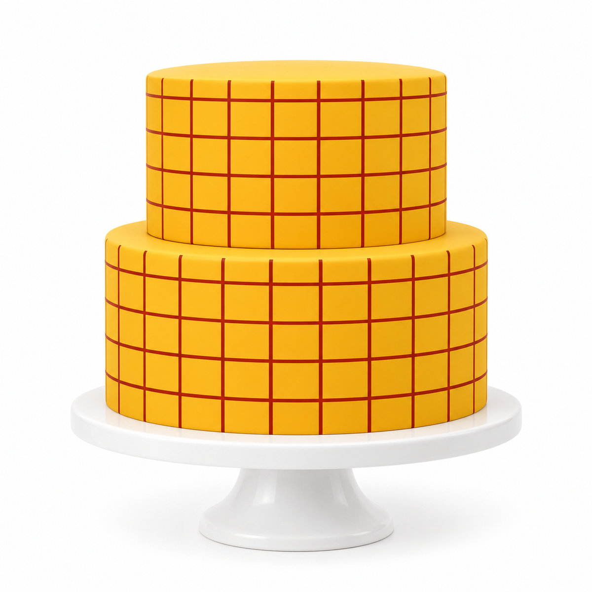 Two-tier cake with retro golden yellow and burgundy geometric edible cake wrap on white pedestal