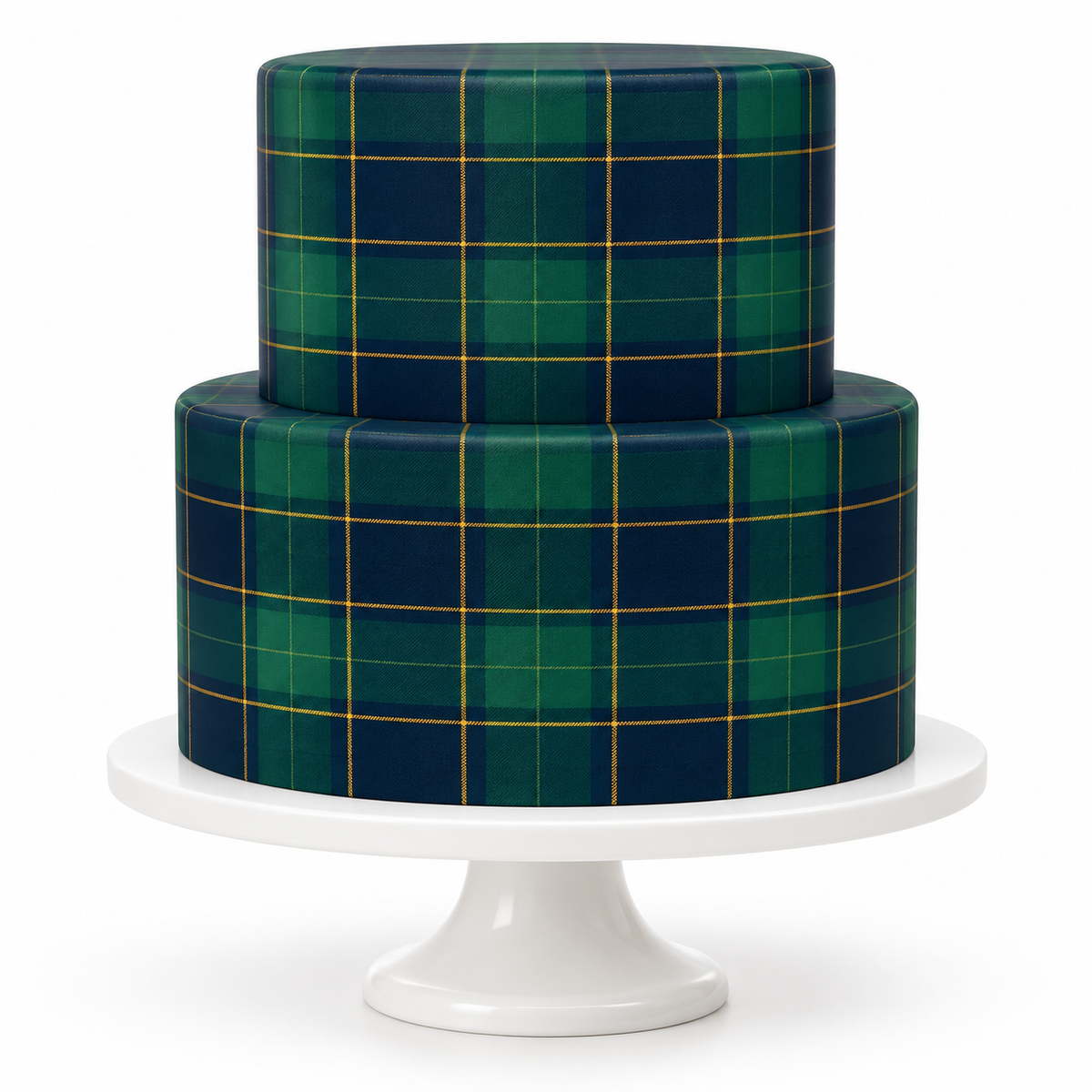 Two tier green and navy tartan cake decorated with gold effect check lines on white cake stand