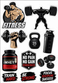 Edible gym cake topper design with bodybuilders, weights, kettlebell and fitness slogans.
