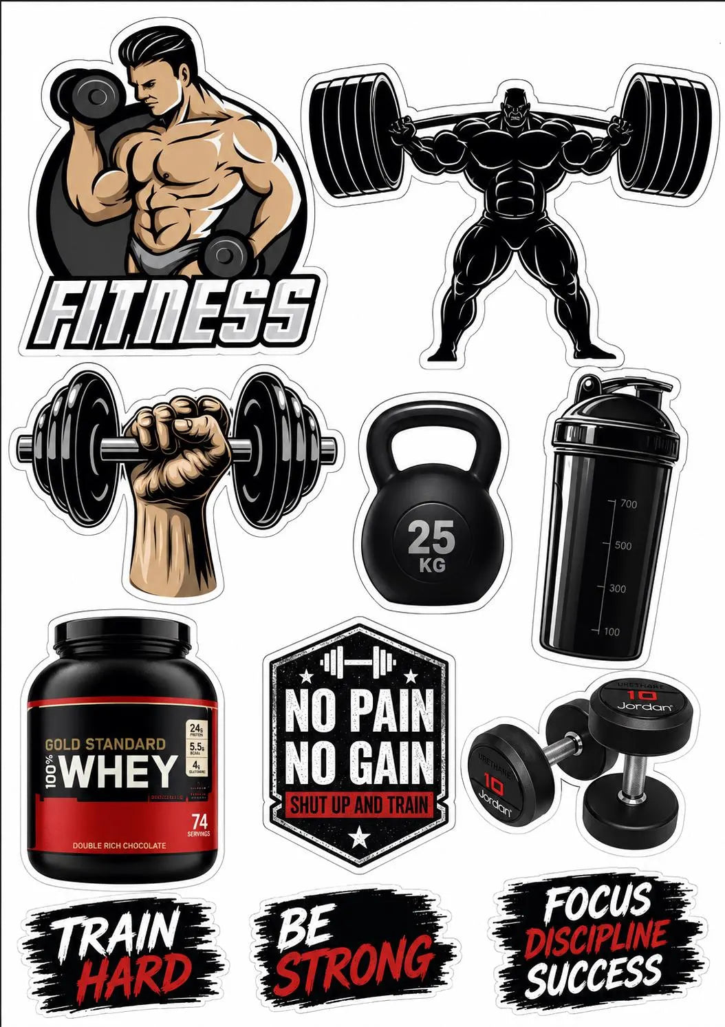Edible gym cake topper design with bodybuilders, weights, kettlebell and fitness slogans.